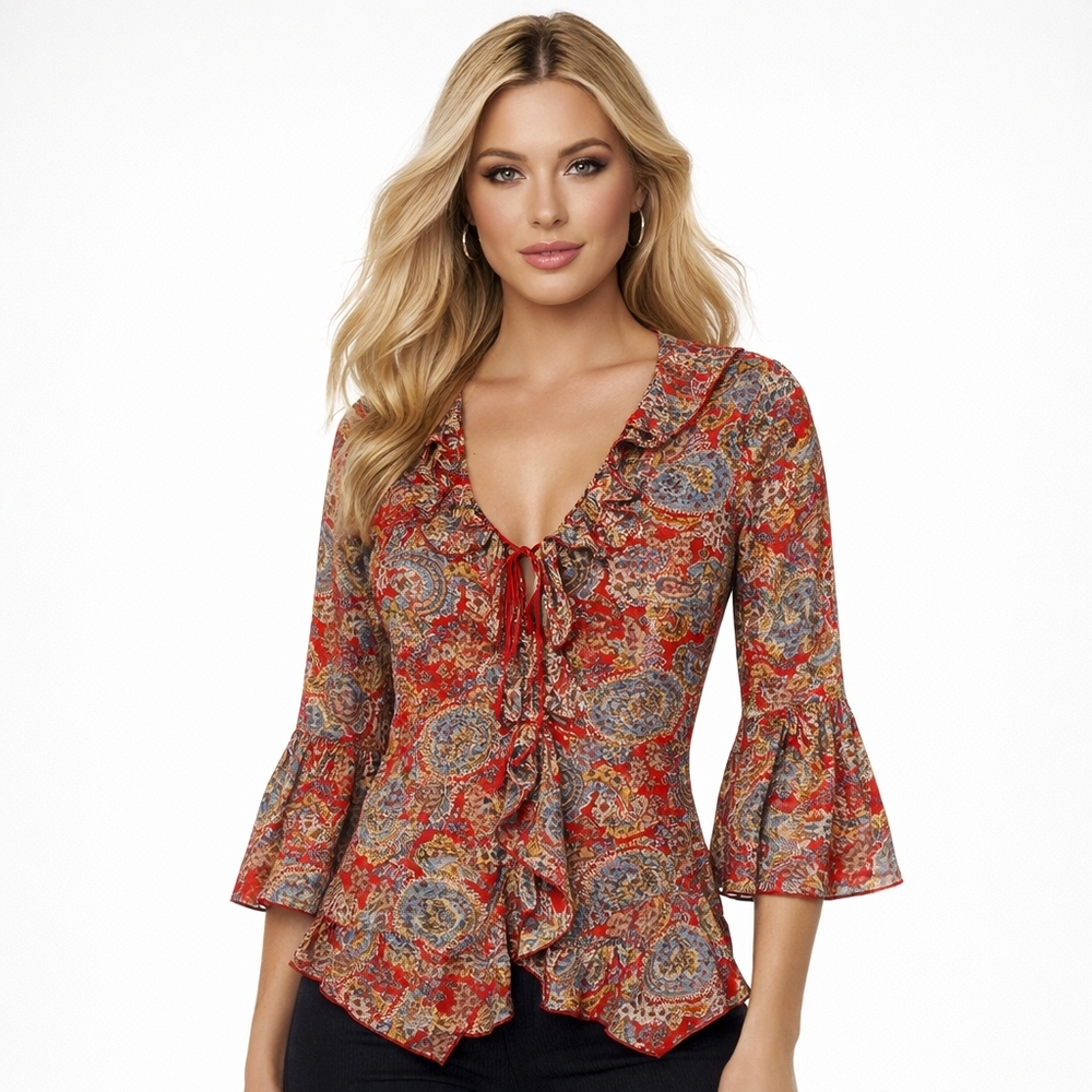 Rampage XL Paisley Boho Blouse Bell Sleeve Ruffle Top Red Blue Gold Women's XL
